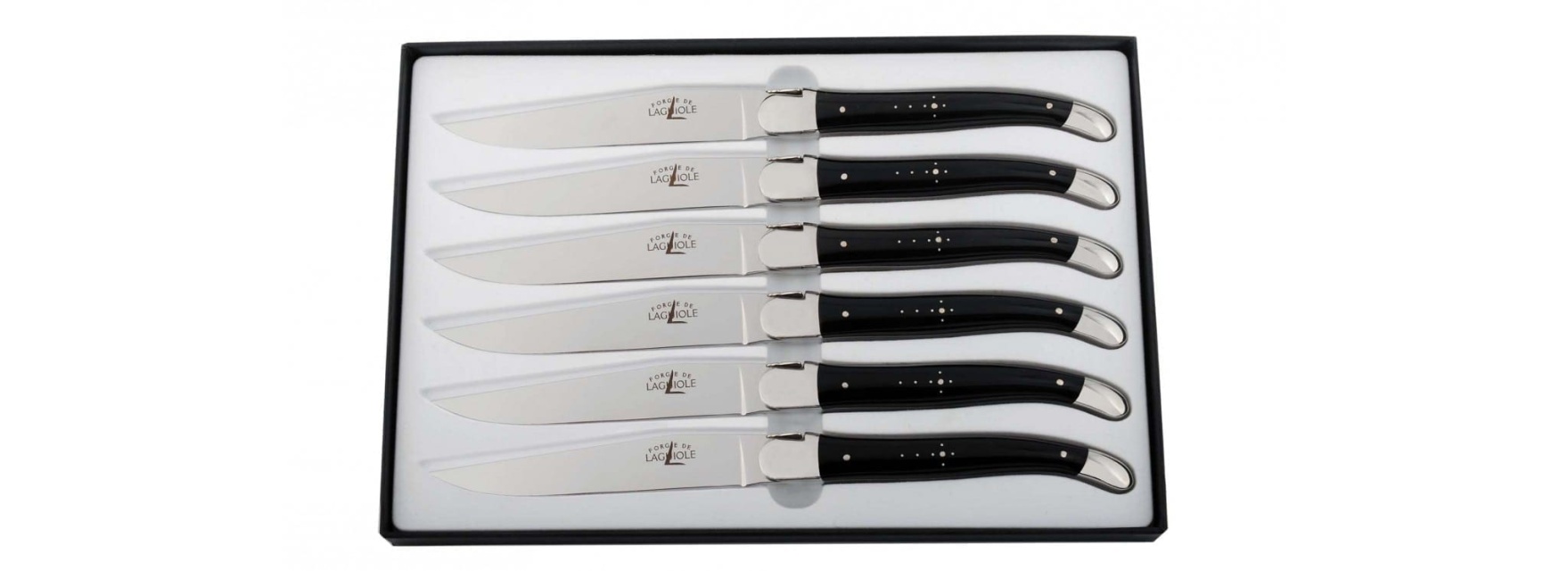 Sett med 6 spisekniver med håndtak av svart kuhorn