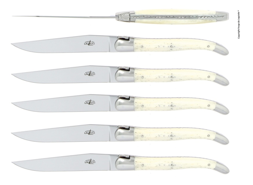 Sett med 6 spisekniver, håndtak av ben - Forge de Laguiole