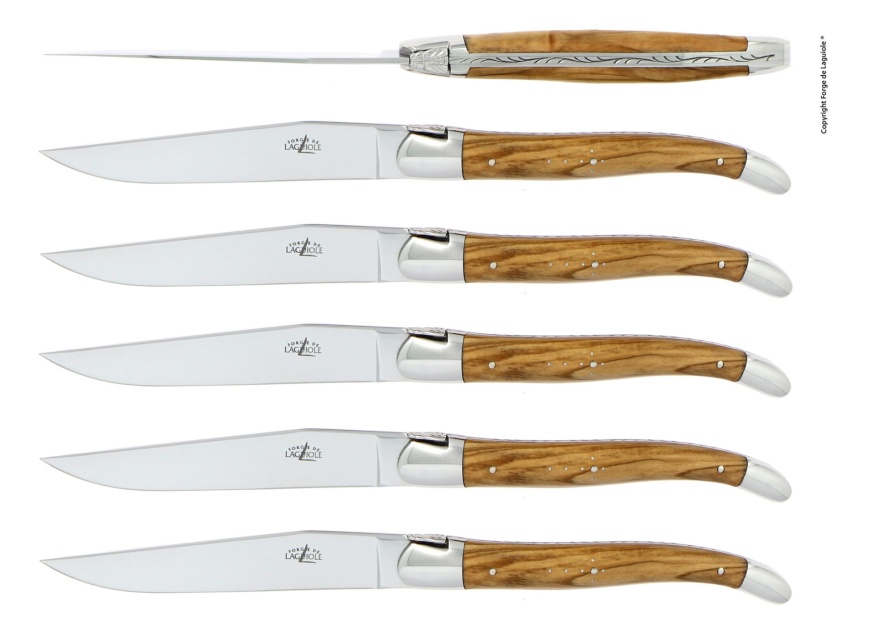 Sett med 6 spisekniver, håndtak av oliventre - Forge de Laguiole