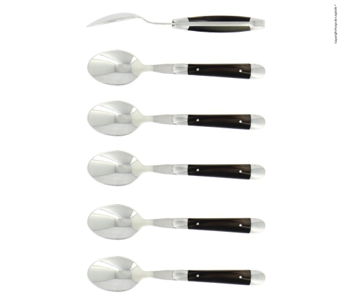 Seks dessertskjeer, skaft i mørkt horn, polert, Tradition - Forge de Laguiole