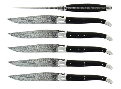 Seks kniver, skaft i mørkt horn, damascenert, Collection - Forge de Laguiole