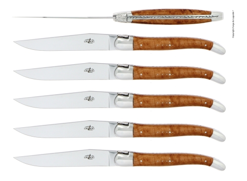 Seks kniver, løvehåndtak i tre, polert, Tradisjon - Forge de Laguiole