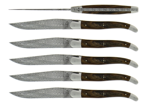 Seks kniver, håndtak i valnøtt, damask matt, Collection - Forge de Laguiole