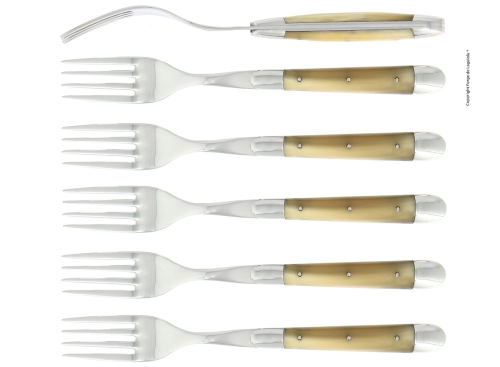 Seks gafler, håndtak i lyst horn, polert, Tradition - Forge de Laguiole