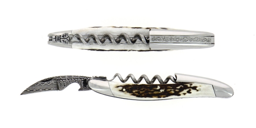 Sommelierkniv av hjortegevir, damascenert med dekor, Collection - Forge de Laguiole