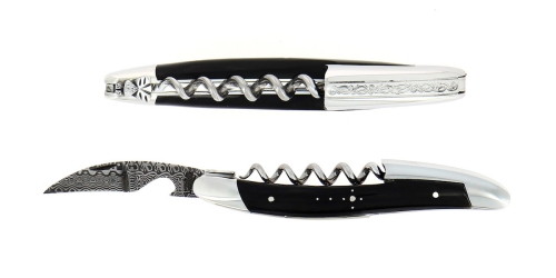 Sommelierkniv i mørkt horn, damascenert med dekor, Collection - Forge de Laguiole