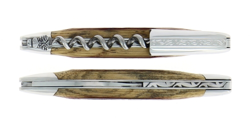Sommelierkniv i tre fra eikefat, damaskert med dekor, Collection - Forge de Laguiole