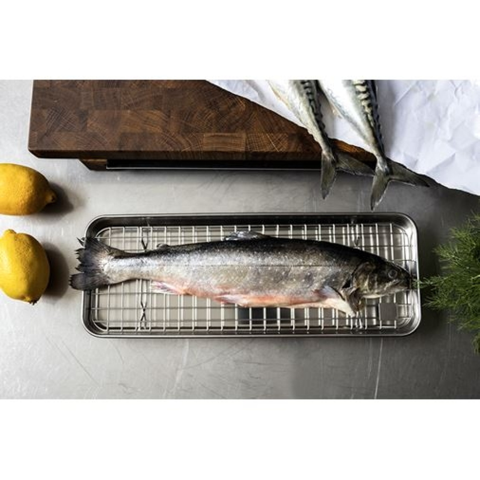 Gastrobrett/stekeplate med rist, 38x14 cm, rustfritt stål - Culimat