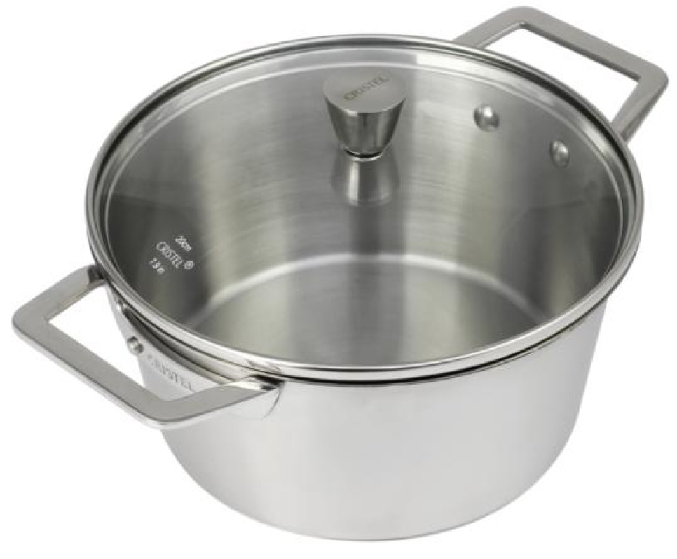 Gryte i rustfritt stål med to ører og glasslokk, 1826 - Cristel Gryte i rustfritt stål med to ører og glasslokk, 1826 - Cristel