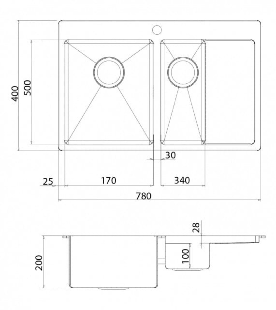 Rustfri dobbel oppvaskkum 780 x 500 mm med hylle til høyre Rustfri dobbel oppvaskkum 780 x 500 mm med hylle til høyre