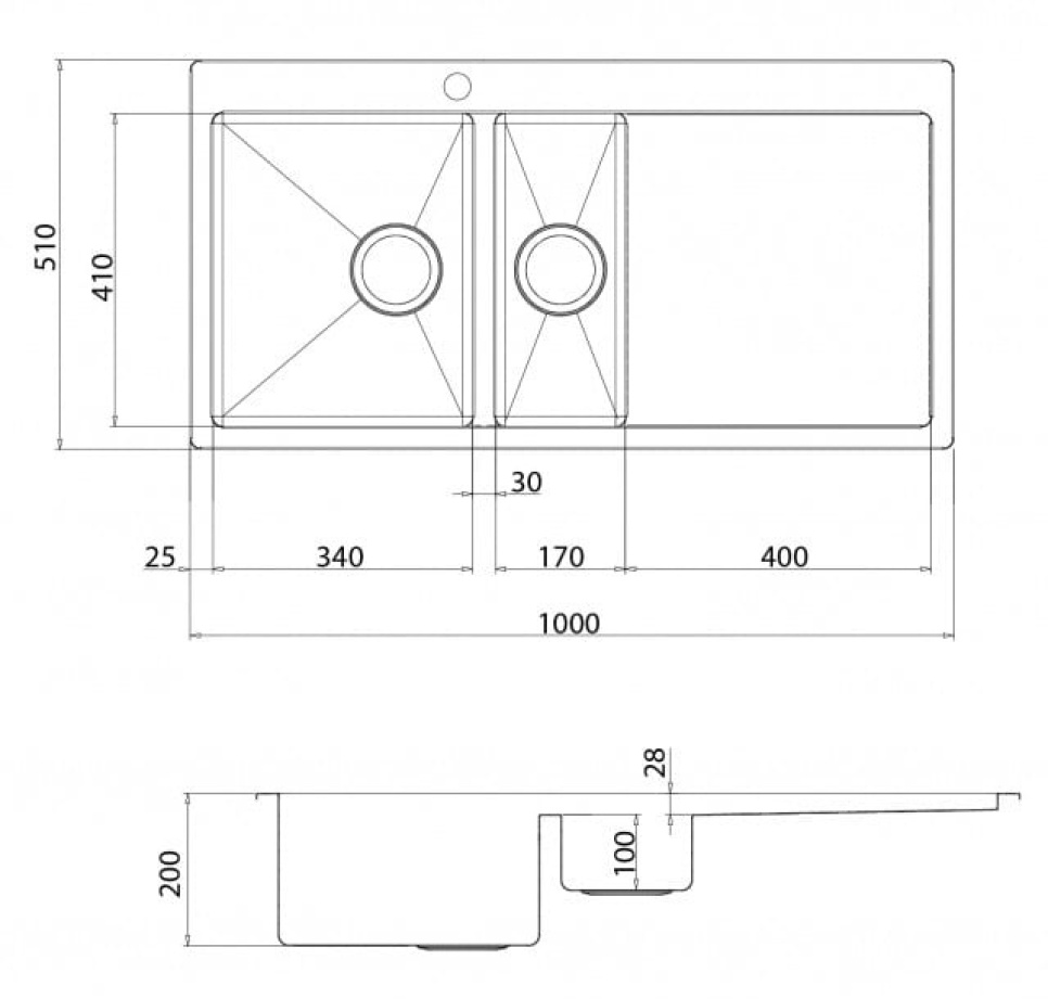 Rustfri dobbel oppvaskkum 1000 x 510 mm med hylle til høyre Rustfri dobbel oppvaskkum 1000 x 510 mm med hylle til høyre