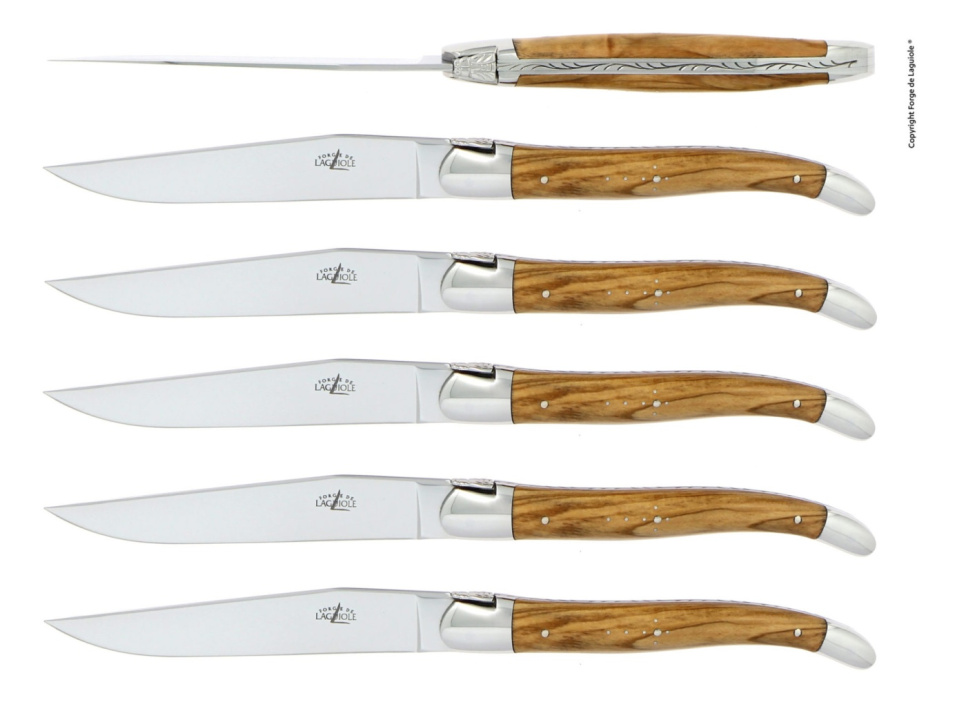 Sett med 6 spisekniver, håndtak av oliventre - Forge de Laguiole i gruppen Borddekking / Bestikk / Kniver hos The Kitchen Lab (1446-26107)