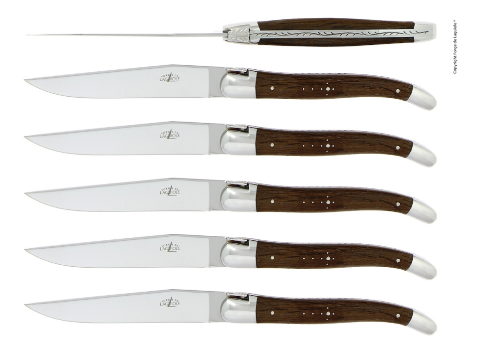 Seks kniver, skaft av forsteinet eik, polert, Tradition - Forge de Laguiole i gruppen Borddekking / Bestikk / Kniver hos The Kitchen Lab (1446-32912)