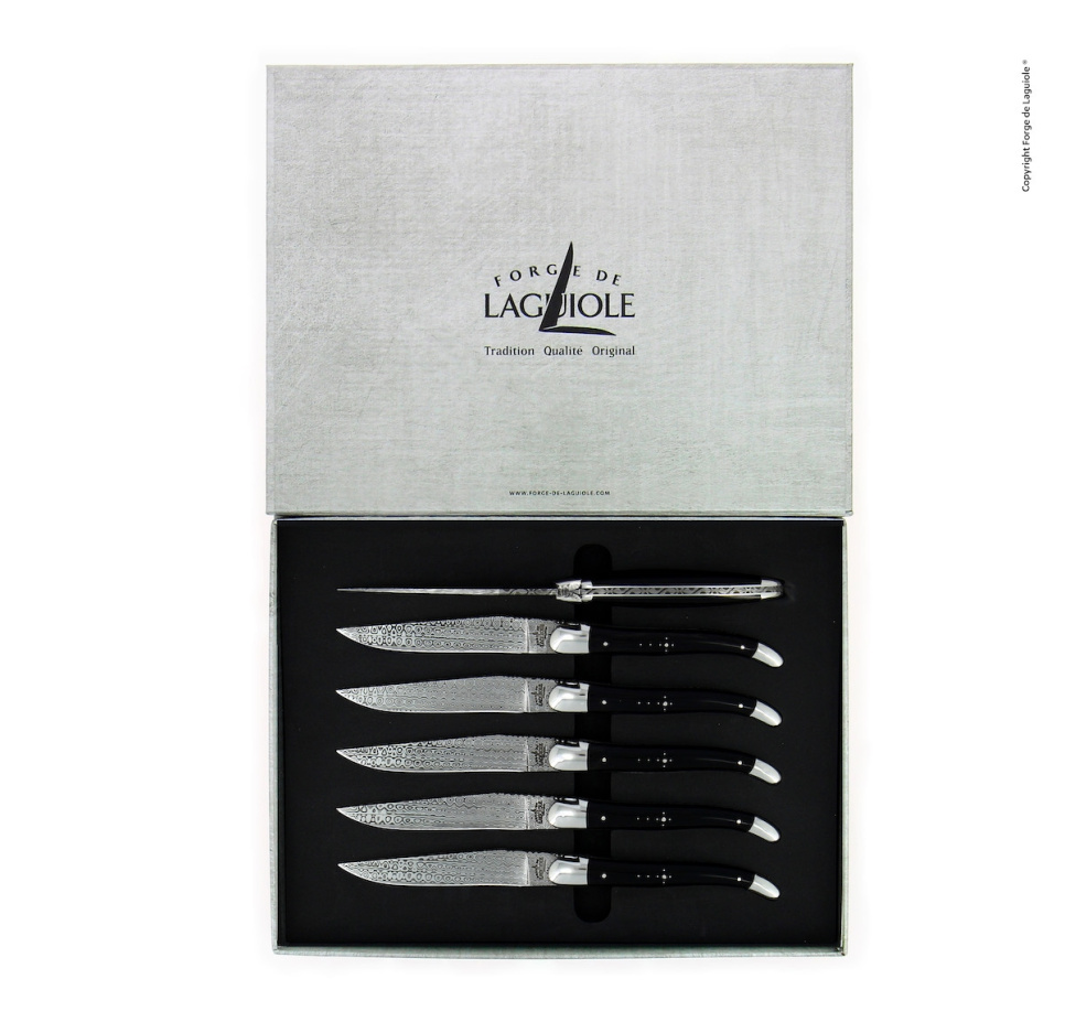 Seks kniver, skaft i mørkt horn, damascenert, Collection - Forge de Laguiole