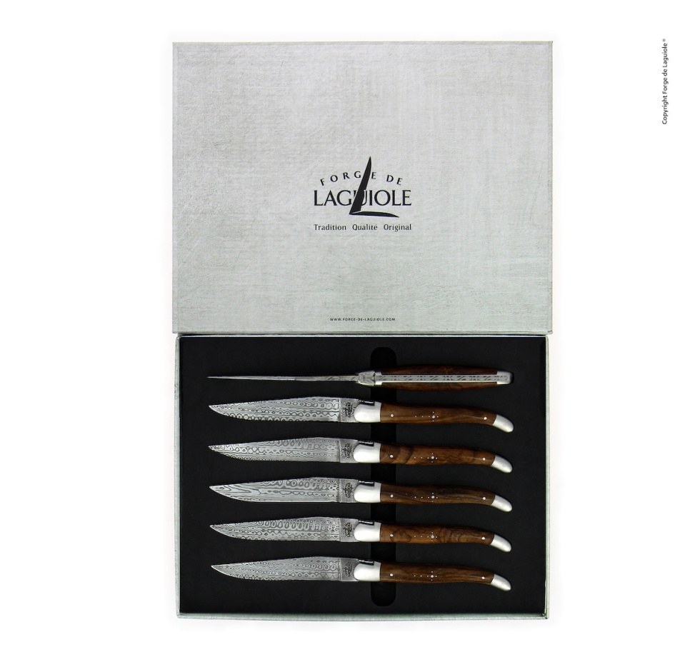 Seks kniver, håndtak i valnøtt, damask matt, Collection - Forge de Laguiole