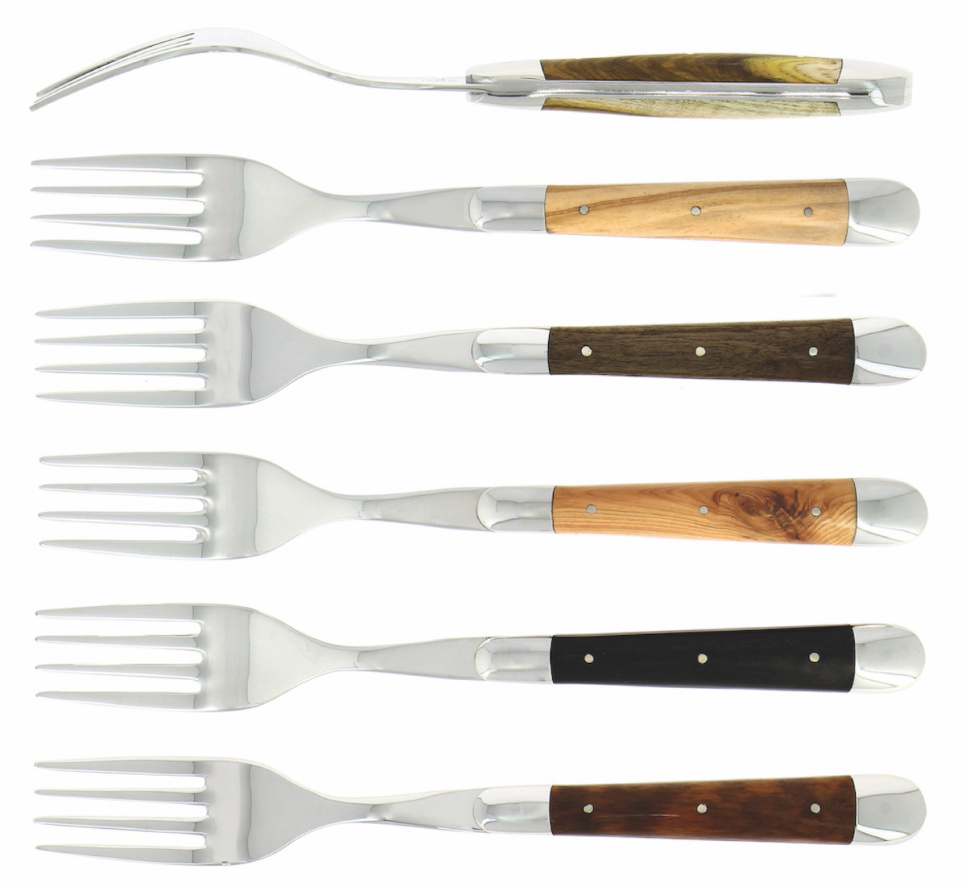 Seks gafler, håndtak i ulike typer hardtre, polert, Tradition - Forge de Laguiole i gruppen Borddekking / Bestikk / Gafler hos The Kitchen Lab (1446-32929)