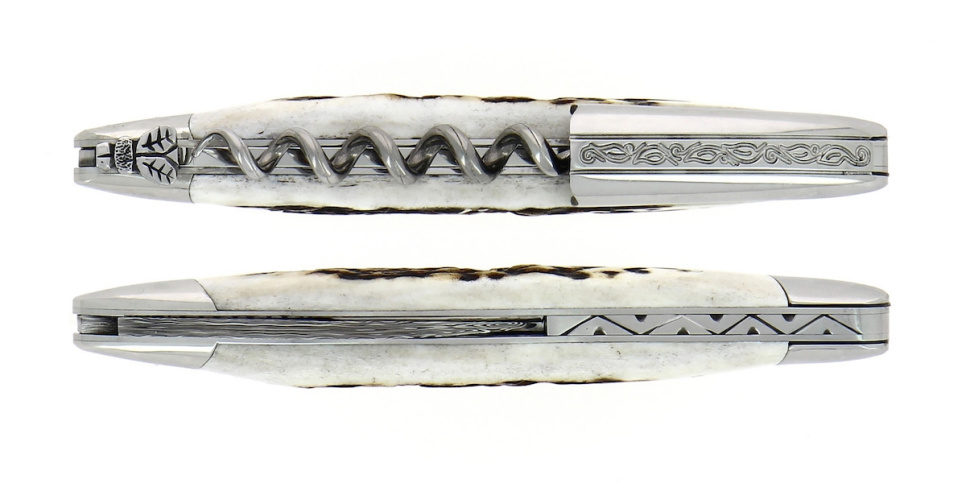 Sommelierkniv av hjortegevir, damascenert med dekor, Collection - Forge de Laguiole