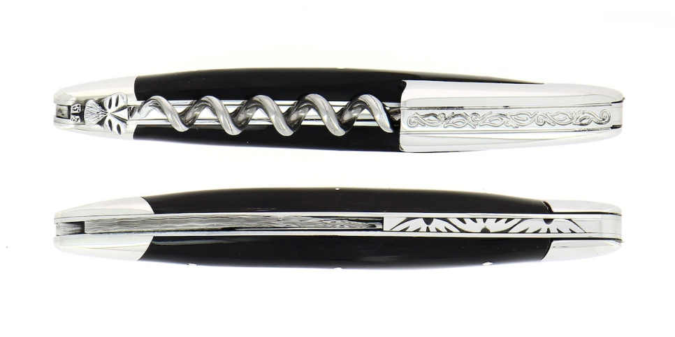 Sommelierkniv i mørkt horn, damascenert med dekor, Collection - Forge de Laguiole